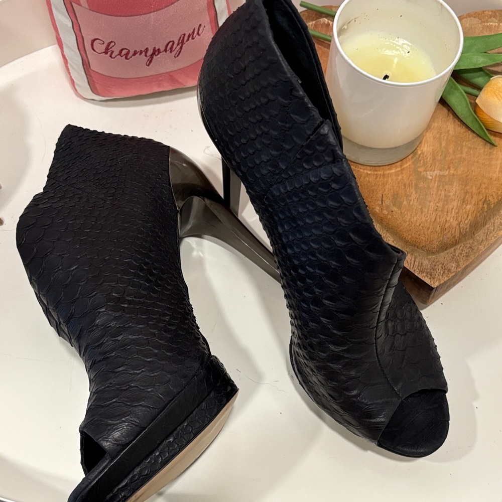 BCBGMaxAzria Black Peep-Toe Faux Snakeskin Booties